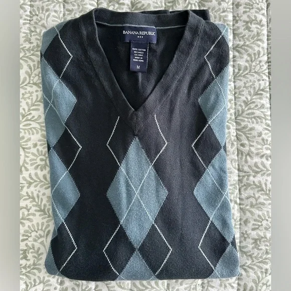 Men's Banana Republic Cotton V-neck Argyle Sweater long sleeves - Picture 2 of 6